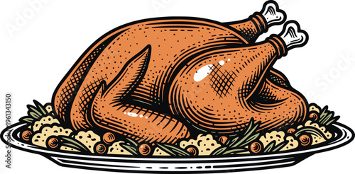 A roasted turkey on a platter garnished with herbs and vegetables