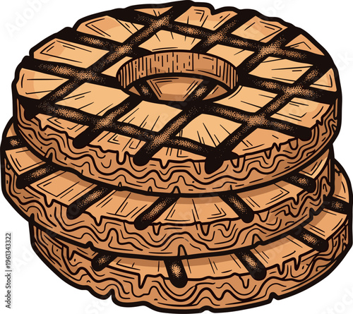A stack of three intricately designed lattice patterned waffles are shown