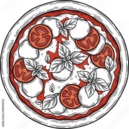 An illustration of a delicious homemade pizza with fresh tomatoes and basil leaves
