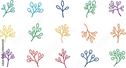 A collection of colorful plant icons in various vibrant hues and styles