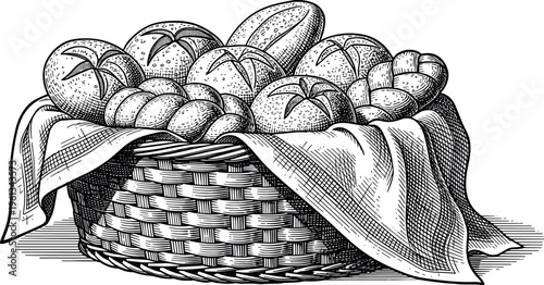 A wicker basket filled with assorted bread and covered with a cloth