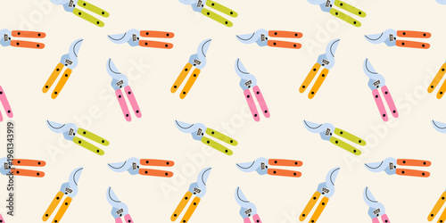 Pruning Shears Seamless Pattern Flat Vector Illustration. Seamless pattern with pruning shears in flat style. Gardening tool repeat background perfect for textile, packaging and outdoor design.