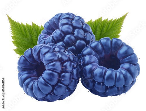 Three blueberries with green leaves fruit food isolated on a transparent background