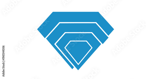 A futuristic blue geometric shape with white lines forms a stylized diamond-like figure on a clean surface.