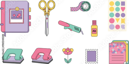Scrapbooking and Crafting Tools Set with Scissors Tape Glue Stick Hole Puncher Stamps and Decorative Paper Vector Illustration