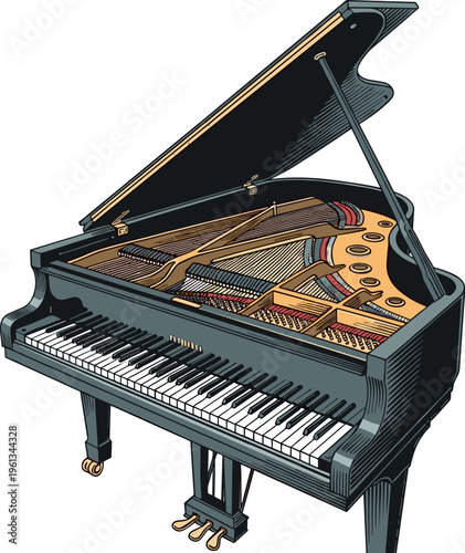 A black grand piano with its lid open showing interior mechanisms