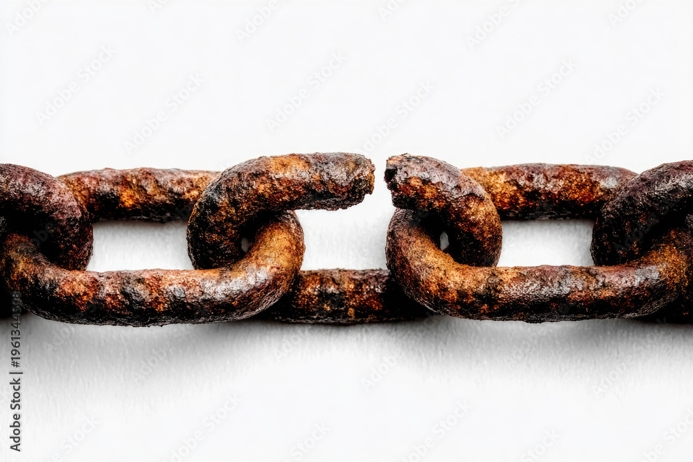 Fototapeta premium A rusty chain with a broken link close-up. Space for text.