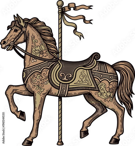 An ornate brown horse on a carousel with decorative gold accents