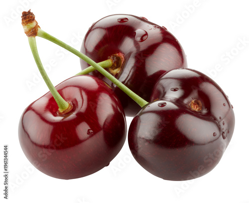 Three shiny red cherries with green stems three cherries isolated on a transparent background