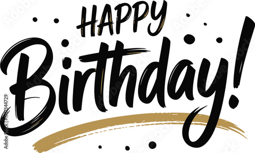 Happy Birthday Hand Lettering with Gold Swash and Dots on White calligraphy script