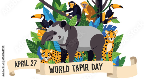 Brazilian wildlife collection including tapir, jaguar, monkey and toucan celebrating World Tapir Day, isolated on transparent background