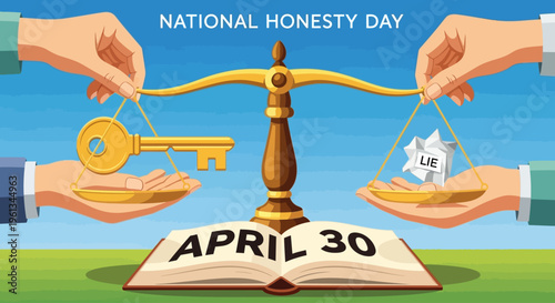 Scales of justice comparing a key to a crumpled 'LIE' paper, National Honesty Day concept, isolated on transparent background