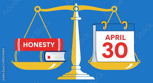 Scales of justice balancing a book of honesty against a calendar showing April 30, isolated on transparent background