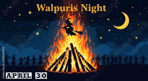 Walpurgis Night witch flying over bonfire with people dancing, moon and stars, isolated on transparent background