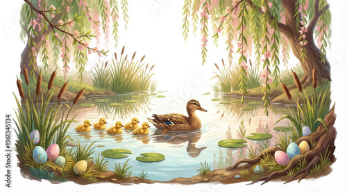 Watercolor Easter pond illustration with mother duck and ducklings, serene spring landscape with weeping willow trees and colorful eggs, idyllic nature scene for seasonal greeting cards