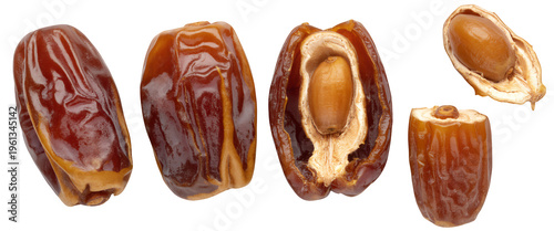Various dates and date halves brown fruit isolated on a transparent background