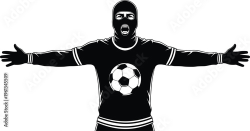 Black and white of a masked soccer player with arms outstretched and a soccer ball on his shirt balaclava