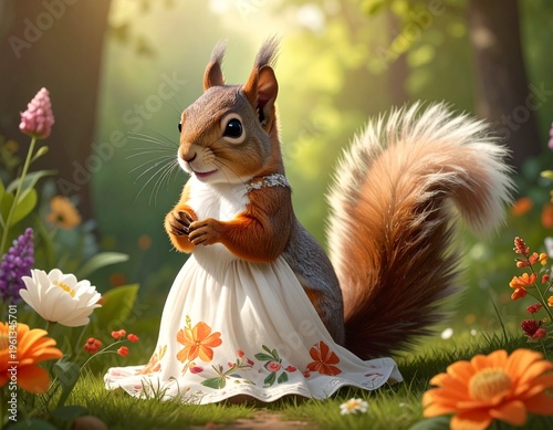 Realistic Squirrel in Nature Wearing a Beautiful Dress