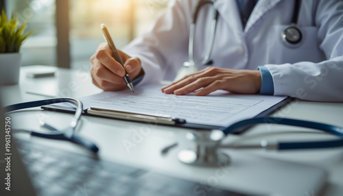 Doctor Writing on Clipboard with Stethoscope and Glasses on Desk in Medical Office Setting