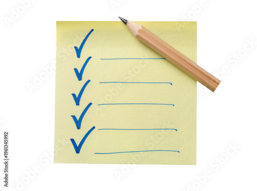 Quadro su tela Isolated yellow sticky note checklist with blue check marks and pencil for task