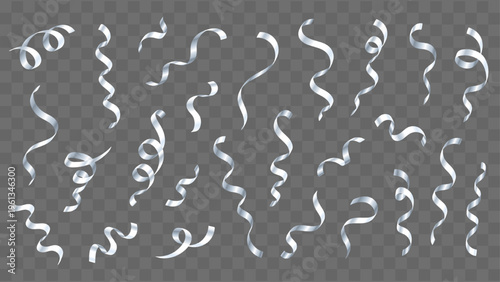 Quadro em tela Set of falling glossy spiral curled tinsel, silver festive confetti for party, celebration