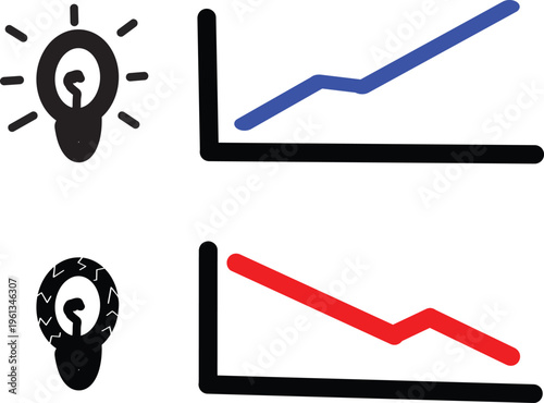 Minimal business analytics vector illustration set featuring light bulb idea concept with upward growth chart and downward trend graph, simple flat design for financial performance comparison