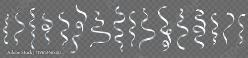 Set of realistic silver curly ribbons and party streamers isolated on transparent background. Shiny metallic confetti vector for festive decoration, birthday, New Year and anniversary celebration.