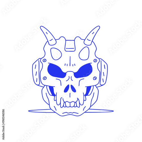 Dark Fantasy Skull with Horns and Armor Doodle Illustration