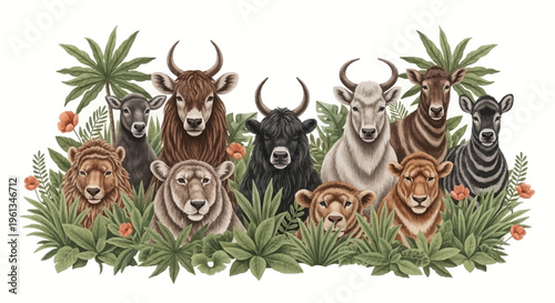 A group of wild animals in savannah.