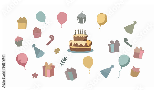 Cute birthday party elements vector with cake cupcakes balloons gifts and playful festive decorations isolated on white
