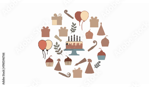 Minimal birthday celebration elements vector with cake gifts balloons party hats and decorative icons in circular layout isolated on white