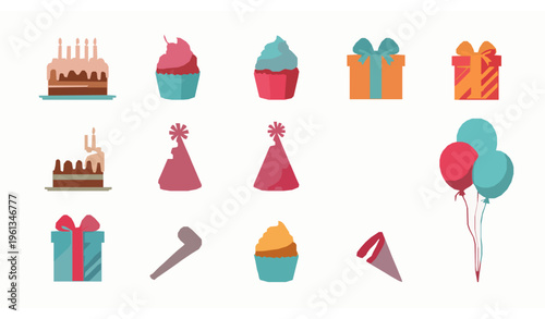 Birthday celebration vector set with cake cupcake gifts balloons party hats and festive decorative elements isolated on white background