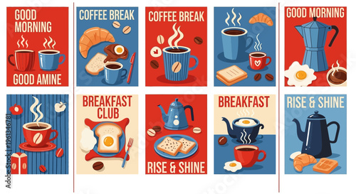 Collection of colorful breakfast and coffee themed tiles.