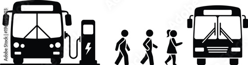 People transitioning between buses at a charging station