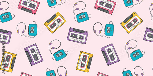 Cassettes and walkman players doodles retro seamless pattern for wallpapers, textile prints, wrapping paper, stationery, packaging, digital paper, etc. EPS 10