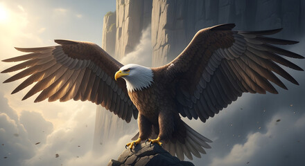 Majestic bald eagle with spread wings perched on mountain rock, powerful bird of prey in flight stance, cinematic wildlife photography against misty cliffs