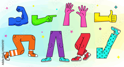 Colorful cartoon hands and legs in various poses.