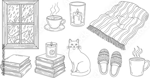 Cozy Home Comfort Line Art Set Featuring Cat Books Candle Blanket Slippers and Window Scene Outline Collection for Hygge Lifestyle and Relaxation Design