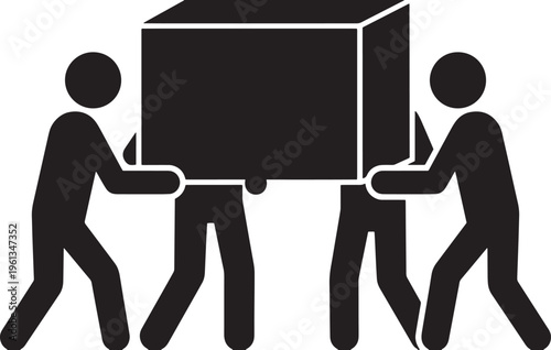 Professional team of movers carrying heavy cardboard box during relocation process on white background