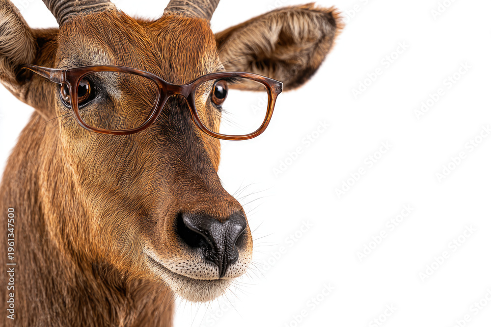 Fototapeta premium Antelope with glasses close-up on white background. Space for text.