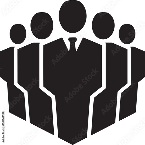 Team of five business professionals in suits with leader in front, symbol of unity, teamwork and corporate leadership