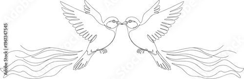 Two birds flying with outstretched wings and flowing tail lines flying birds black and white line wings