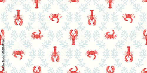 Coastal, beach, seaside home decor concept, marine life, nautical themed seamless pattern design. Seafood on white background with lobsters, crabs pale blue coral lattice motif.  Summer texture 