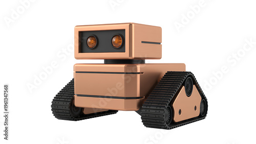 Copper robot toy with black tracks and rectangular head isolated on a transparent background