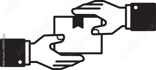 Delivery service icon showing two hands in business suits passing cardboard box package to each other