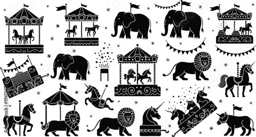 Circus Animal Icon Set Featuring Elephant Lion Horse Carousel and Carnival Elements Silhouette Collection for Kids Entertainment Festival and Vintage Fair Design