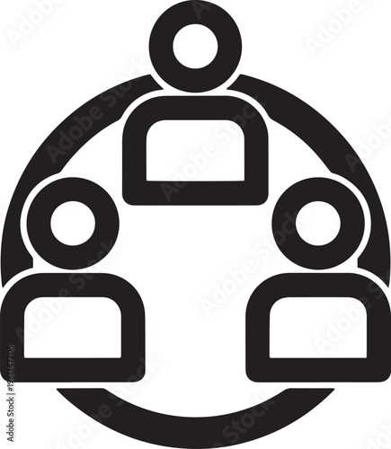 Corporate teamwork icon featuring three human figures enclosed within circular border connection line