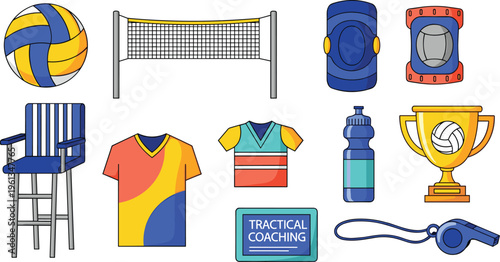 Volleyball Game Equipment Set with Ball Net Shirt Whistle Knee Pads Water Bottle Trophy and Referee Chair Vector Illustration