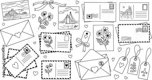 Hand Drawn Postal Elements Set Featuring Envelopes Letters Postcards Stamps and Tags Line Art Collection for Vintage Mail Scrapbook and Stationery Design