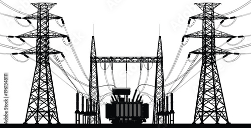 Voltage power transmission towers and transformer station electricity